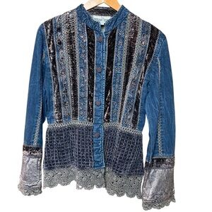 Urban Tribe vintage embellished artsy Denim/Velvet embroidered boho Jacket SZ-M